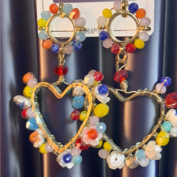 Colorful Beaded Heart Earrings - Picture 2 of 2